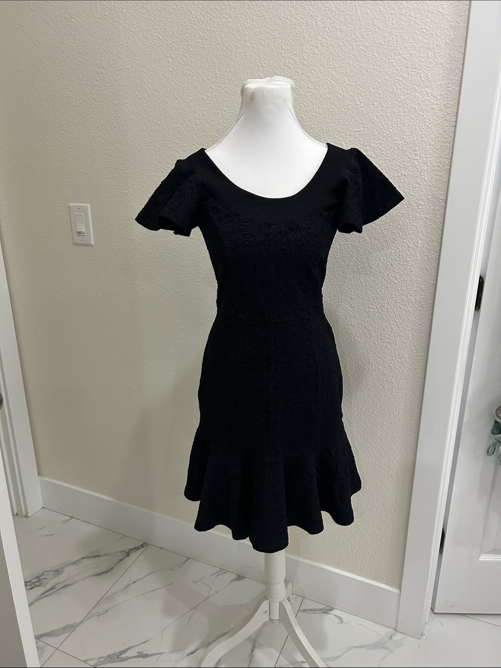 Black Flounce-Hem Midi Dress with Flutter Sleeves